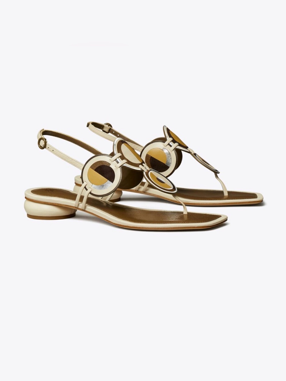 Tory Burch Marquetry Disk  White, Brown Gold Logo Circle Slingback Sandals 6.5M